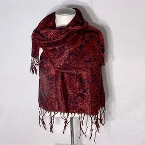 5/$25 Red Black Metallic Rose Floral Scarf